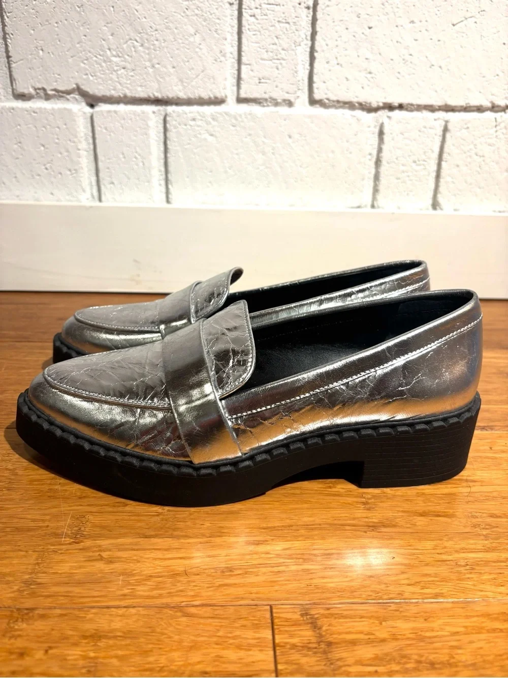 Vince Camuto Silver Crinkle Leather Chunky Sole Loafers